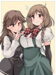  2girls absurdres ahoge arashio_(kancolle) arm_behind_back black_dress blush border bow bowtie braid breasts brown_eyes brown_hair buttons character_request closed_mouth commentary_request commission cowboy_shot detached_sleeves dress hair_between_eyes high-waist_skirt highres kantai_collection kurokaze_no_sora long_hair long_sleeves looking_away multiple_girls outline outside_border pinafore_dress puffy_sleeves red_bow red_bowtie red_eyes simple_background skeb_commission skirt sleeveless sleeveless_dress smile split_mouth sweatdrop white_border white_outline yellow_background 