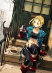  1girl abs absurdres blonde_hair blue_eyes blue_jacket boots cammy_white can cat gloves highres holding holding_can jacket kujou_non leggings medium_hair open_clothes open_jacket red_bull red_footwear red_gloves scar scar_on_cheek scar_on_face sitting solo sports_bra street_fighter street_fighter_6 