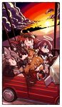  5girls :&gt; =_= ahoge animal_ear_fluff animal_ears arknights black_eyes black_gloves black_headwear black_jacket black_vest blonde_hair border brown_hair chicken_nuggets closed_eyes cloud commentary_request cow_girl cow_horns croissant_(arknights) drink driving eating energy_wings exusiai_(arknights) fingerless_gloves food french_fries gloves grey_hair grin hair_ornament hair_over_one_eye hairclip halo highres horns jacket kado_(hametunoasioto) knee_up lappland_(arknights) multiple_girls ocean one_side_up orange_hair outdoors penguin_logistics_(arknights) pleated_skirt red_hair red_skirt road shirt skirt smile sora_(arknights) steering_wheel sunset texas_(arknights) vest visor_cap wcdonald&#039;s white_shirt wolf_ears wolf_girl yoru_mac |_| 