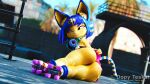  16:9 3d_(artwork) animal_crossing ankha_(animal_crossing) anthro bandage_on_nose big_butt big_ears blender_(software) blue_hair bottomwear butt clothed clothing digital_media_(artwork) domestic_cat felid feline felis female genitals hair headphones headphones_around_neck hi_res looking_away lying mammal markings nintendo no_underwear on_side pussy roller_skates sashacakes short_stack skirt solo striped_markings striped_tail stripes tail tail_markings thick_thighs upskirt widescreen yellow_body 