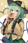  1girl black_headwear blush bow breasts burger burger_malfunction buttons commentary diamond_(shape) diamond_button eating eyeball food frilled_sleeves frills green_eyes green_hair green_skirt hat hat_bow hat_ribbon heart heart_of_string highres holding holding_food komeiji_koishi long_sleeves medium_hair ribbon shirt sketch skirt small_breasts solo third_eye touhou usushio wide_sleeves yellow_bow yellow_ribbon yellow_shirt 