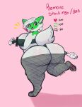  anthro big_breasts big_butt breasts butt clothing female fishnet fishnet_legwear fur generation_9_pokemon green_body green_fur hi_res huge_butt legwear nintendo pink_background pokemon pokemon_(species) simple_background solo sprigatito thick_thighs thong underwear vikhop 