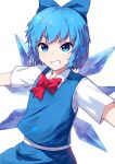  1girl adapted_costume blue_bow blue_eyes blue_hair blue_skirt blue_vest bow bowtie cirno clenched_teeth collared_shirt cowboy_shot detached_wings hair_bow highres ice ice_wings looking_at_viewer mr._miruku open_mouth outstretched_arms red_bow red_bowtie shirt short_hair short_sleeves simple_background skirt skirt_set solo spread_arms teeth touhou v-shaped_eyebrows vest white_background white_shirt wings 