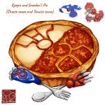  artist_logo english_text food food_focus fork groudon highres knife kyogre no_humans pie pokemon pokemon_(creature) white_background yuki00yo 