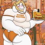  alcohol anthro asgore_dreemurr barazoku beer beverage blush bodily_fluids bottomwear bovid bulge burger butt caprine chubby_male claws clothing crop_top deltarune food fries goat hi_res himbo himbo_hooters hooters hooters_uniform hotpants lucknomz male mammal overweight overweight_male pecs platter shirt shorts solo sweat sweatdrop tail topwear undertale undertale_(series) 