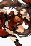 1girl bare_legs bare_shoulders breasts brown_eyes brown_hair china_dress chinese_clothes detached_sleeves dress fighting_stance found_modori guilty_gear guilty_gear_xrd hair_ornament hairclip highres kuradoberi_jam large_breasts leg_up long_hair pelvic_curtain skirt smile solo thigh_strap wide_sleeves 