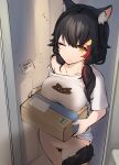  1girl accidental_exposure alarm_clock amekosame animal_ears black_hair bottomless box cardboard_box clock covered_nipples female_pubic_hair hair_ornament hair_over_shoulder hairclip highres hololive lifted_by_self long_hair miofa_(ookami_mio) off-shoulder_shirt off_shoulder one_eye_closed ookami_mio open_mouth print_shirt pubic_hair red_hair shirt spiked_hair t-shirt tail tail_around_own_leg tail_wrap virtual_youtuber waking_up white_shirt wolf_ears wolf_tail yellow_eyes 