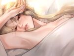  1girl arm_on_head armpits artist_name bed bed_sheet blanket closed_mouth collarbone commentary fingernails genshin_impact highres lart_art1 light_brown_hair long_hair looking_at_viewer lying naked_sheet ningguang_(genshin_impact) on_back on_bed pillow red_eyes solo under_covers 