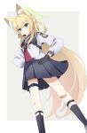  0kami_89zo 1girl :&lt; absurdres animal_ears bandaid bandaid_on_knee bandaid_on_leg blonde_hair blue_archive blue_eyes blush breasts closed_mouth commentary_request fox_ears gloves hair_between_eyes halo headphones highres kurumi_(blue_archive) long_hair looking_at_viewer school_uniform simple_background small_breasts socks solo white_background 