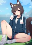  1girl ? absurdres animal_ear_fluff animal_ears black_hair blue_jacket blue_shorts blue_sky blurry blurry_background bottle breasts cloud collarbone commentary_request day depth_of_field fox_ears fox_girl fox_tail gym_shirt gym_shorts gym_uniform hairband hand_up highres hinata_(user_rjkt4745) jacket knee_up long_sleeves on_grass open_mouth original outdoors panties panties_under_shorts polka_dot polka_dot_panties puffy_long_sleeves puffy_sleeves purple_eyes shirt shoes short_shorts shorts sitting sky small_breasts socks solo sweat tail towel towel_around_neck underwear upshorts water_bottle white_footwear white_panties white_shirt white_socks yellow_hairband 