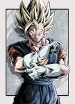  1boy biceps blonde_hair blue_pants blue_sash border closed_mouth collarbone commentary_request dougi dragon_ball dragon_ball_z earrings gloves green_eyes grey_background hand_up jewelry looking_at_viewer male_focus muscular muscular_male orange_shirt outside_border pants pectorals potara_earrings sash shadow shirt short_sleeves simple_background smile smirk solo spiked_hair super_saiyan super_saiyan_1 ushi_(akabec0) v-shaped_eyebrows vegetto white_border white_gloves 