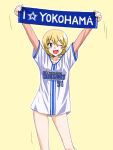  1girl ;d arms_up banner baseball baseball_jersey blonde_hair blue_eyes braid clothes_writing commentary_request darjeeling_(girls_und_panzer) girls_und_panzer highres holding layered_sleeves long_sleeves looking_at_viewer motion_lines nippon_professional_baseball no_pants one_eye_closed oosaka_kanagawa open_mouth outline shirt short_hair short_over_long_sleeves short_sleeves simple_background smile solo standing twin_braids white_outline white_shirt yellow_background yokohama_dena_baystars 