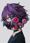  1boy absurdres artist_request barcode chain character_request colored_inner_hair from_side grey_background hair_intakes highres mask multicolored_hair nijisanji profile purple_hair respirator shirt solo two-tone_hair virtual_youtuber voltaction yellow_eyes 