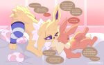  after_sex animal_genitalia bedding bedding_background clothing dialogue duo eevee eeveelution english_text eti_(utopianvee) female feral generation_1_pokemon genitals hi_res jolteon larger_female legwear lying male male/female morning nintendo on_back pattern_clothing pattern_legwear pokemon pokemon_(species) sheath simple_background size_difference smaller_male striped_clothing striped_legwear stripes text tugging utopianvee 