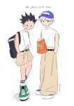  2boys alternate_costume backpack bag black_hair english_text full_body gon_freecss hands_in_pockets hat highres holding holding_bag hunter_x_hunter killua_zoldyck looking_at_viewer male_child male_focus multiple_boys paper_bag shirt short_hair shorts simple_background spiked_hair su_meshi8 white_background white_hair white_shirt 