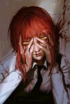  1girl artist_name black_necktie blood blood_from_eyes blood_on_clothes blood_on_face blood_splatter braid braided_ponytail chainsaw_man collared_shirt face_in_hands looking_at_viewer makima_(chainsaw_man) medium_hair necktie nosebleed nthndn red_hair ringed_eyes shirt sidelocks smile solo white_shirt yellow_eyes 