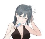  1girl afpl_(parrotz4) bikini black_bikini blue_eyes closed_eyes copyright_request food hand_in_own_hair highres holding holding_food popsicle solo swimsuit upper_body white_background 