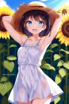 1girl absurdres armpits arms_behind_head arms_up black_hair blue_eyes blue_sky blush breasts cloud cloudy_sky collarbone commentary_request cow dress field flower hair_ornament hat highres himura_moritaka looking_at_viewer medium_breasts open_mouth original short_hair sky smile solo straw_hat sun_hat sundress sunflower white_dress x_hair_ornament 
