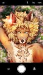  anthro blonde_hair blue_eyes blurred_background camera_view canid chest_tuft front_view fur glistening glistening_eyes hair hi_res lionfloof looking_at_viewer lying male mammal mouth_closed on_back orange_body orange_fur solo tan_body tan_fur tuft whiskers 