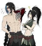  1boy 1girl ? abs akali arm_tattoo black_hair blue_hair blush braid crossed_arms fingernails hand_on_own_hip high_ponytail highres kayn_(league_of_legends) league_of_legends long_hair multicolored_hair muscular muscular_male ninja nipples open_mouth parted_bangs parted_lips ponytail simple_background single_braid stomach streaked_hair sweatdrop tattoo topless_male two-tone_hair white_background zyrophin 