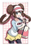  1girl :d bag black_pantyhose blush border bow bright_pupils brown_hair commentary_request double_bun doughnut_hair_bun emapippi green_eyes hair_bun handbag holding_strap open_mouth pantyhose pantyhose_under_shorts pink_bag pink_bow pokemon pokemon_(game) pokemon_bw2 polka_dot polka_dot_background raglan_sleeves rosa_(pokemon) short_shorts shorts smile twintails visor_cap white_border white_pupils yellow_shorts 