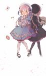  2girls alice_(fate) beret book bow braid candy card closed_eyes doll_joints doughnut dress fate/extra fate_(series) food frilled_dress frills hat highres holding holding_book joints mary_janes multiple_girls nursery_rhyme_(fate) open_book physics_(helly) playing_card shoes twin_braids 