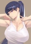  1girl armpits bare_shoulders blue_eyes blue_hair blunt_bangs breasts brown_background cleavage closed_mouth collarbone commentary_request ebino_mei hair_behind_ear hands_up hatsukoi_zombie high_ponytail highres large_breasts long_hair looking_at_viewer shimotsuki_eight signature simple_background solo tank_top thick_eyebrows upper_body very_long_hair white_tank_top 
