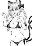  1girl :d animal_ears bikini blunt_bangs bow braid breasts bright_pupils cat_ears cat_tail cleavage clenched_hands commentary cowboy_shot extra_ears fang greyscale hair_bow high_contrast kaenbyou_rin large_breasts long_hair monochrome multiple_tails onkn_sxkn open_mouth side-tie_bikini_bottom side_braids sidelocks simple_background smile solo standing swimsuit tail touhou twin_braids two_tails 