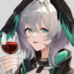  1girl :d alcohol aqua_eyes arknights commentary_request cup drinking_glass fingerless_gloves gloves grey_background grey_gloves grey_hair grey_nails head_wings ho&#039;olheyak_(arknights) holding holding_cup looking_at_viewer motirimoti nail_polish open_mouth portrait short_hair simple_background smile solo wine wine_glass wings 