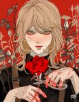  1boy androgynous bishounen black_shirt blonde_hair blood blood_on_face blood_on_hands closed_mouth collared_shirt cuts cutting fingernails flower grey_eyes highres holding holding_flower holding_scissors injury kagoya1219 lips long_sleeves looking_at_viewer male_focus medium_hair original plant red_background red_flower red_rose rose scissors shirt signature solo straight-on suspenders upper_body 