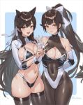  2girls animal_ears arm_behind_back atago_(azur_lane) atago_(stunning_speedster)_(azur_lane) azur_lane bare_shoulders bikini black_bikini black_hair bodystocking bow breasts cleavage collarbone covered_navel cow cuboon dog_ears extra_ears floppy_ears green_eyes hair_bow hair_ears hair_flaps highleg highleg_bikini index_finger_raised large_breasts long_hair mole mole_under_eye multicolored_leotard multiple_girls official_alternate_costume open_hand open_mouth ponytail race_queen ribbon shrug_(clothing) smile swept_bangs swimsuit takao_(azur_lane) takao_(full_throttle_charmer)_(azur_lane) taut_bodystocking two-tone_bikini two-tone_leotard white_bow white_ribbon wrist_cuffs 