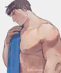  1boy 42nkooon bara blue_towel brown_hair garen_(league_of_legends) large_pectorals league_of_legends looking_at_viewer male_focus muscular muscular_male nipples pectorals short_hair simple_background solo towel towel_on_one_shoulder twitter_username white_background 