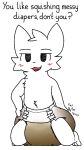  anthro blush boy_kisser_(meme) clothed clothing diaper diaper_fetish diaper_only diaper_squish digital_media_(artwork) domestic_cat english_text feces felid feline felis full_diaper fur hair kneeling looking_at_viewer male mammal messy_diaper onomatopoeia scat silly_cat_(mauzymice) simple_background smile soiled soiled_diaper soiling solo sound_effects squish_(sound_effect) tail text topless unknown_artist wearing_diaper white_background white_body white_fur 