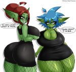  absurd_res big_breasts big_butt breasts butt cleavage clothed clothing dialogue duo female fishnet fishnet_legwear goblin hi_res huge_breasts huge_butt humanoid legwear not_furry thick_thighs twistingtoxic 