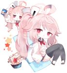  1girl :&lt; ahoge bendy_straw black_sailor_collar black_skirt black_thighhighs blue_archive blush boots chibi commentary_request cupcake drinking_straw drum_(container) food halo holding kotatu_(akaki01aoki00) long_hair long_sleeves micro_uzi milk_carton multiple_views natsu_(blue_archive) neckerchief parted_lips pink_hair pleated_skirt puffy_long_sleeves puffy_sleeves red_eyes red_neckerchief sailor_collar shirt side_ponytail simple_background skirt sleeves_past_wrists star_(symbol) thighhighs triangle_mouth very_long_hair white_background white_footwear white_shirt 