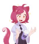  1girl ahoge animal_ears black_necktie black_skirt cat_ears cup disposable_cup dnaitari drinking_straw floating floating_object grimace_shake_(meme) highres meme milkshake necktie original pleated_skirt purple_shirt red_hair shirt short_hair skirt solo tail tentacles 