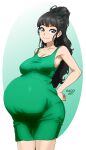  1girl absurdres artist_name big_belly black_hair blue_eyes borrowed_character breasts cleavage collarbone commission cowboy_shot dress english_commentary green_dress hair_behind_ear hand_on_own_hip highres long_hair looking_to_the_side original ponytail pregnant sado_art smile solo very_long_hair 