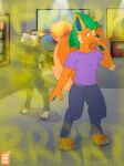  anthro art_gallery bodily_fluids canid canine canis casey_(dmb) claws clothed clothing digitigrade disgust duo english_text fart fart_cloud fart_fetish flatulance fully_clothed fur gas green_body green_fur hi_res jackal jooper male male/male mammal orange_body orange_fur pawpads shirt sweat sweatdrop sweatpants t-shirt text topwear wolf 