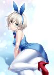  1girl anastasia_(idolmaster) animal_ears aqua_eyes arm_support ass bare_shoulders blue_bow blue_bowtie blue_leotard blush bow bowtie commentary_request curvy fake_animal_ears grey_hair hair_between_eyes hairband high_heels idolmaster idolmaster_cinderella_girls idolmaster_cinderella_girls_starlight_stage knees_together_feet_apart leotard looking_at_viewer lying on_side pantyhose parted_lips playboy_bunny rabbit_ears red_footwear short_hair sitting solo thighs white_pantyhose zen_(kamuro) 