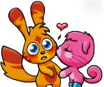  ambiguous_gender anthro blush boots chibi clothing curled_tail duo floppy_ears footwear forehead_mark head_tuft katsuma katsuma_(species) kissing_cheek low_res mammal monster_(moshi_monsters) moshi_monsters poppet poppet_(species) psychoteensie tail toony tuft whiskers 