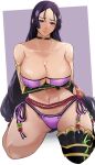  1girl absurdres arm_under_breasts bare_shoulders bikini breasts cleavage closed_mouth collarbone eyepatch_bikini fate/grand_order fate_(series) furrowed_brow highres large_breasts long_hair low-tied_long_hair minamoto_no_raikou_(fate) minamoto_no_raikou_(swimsuit_lancer)_(fate) minamoto_no_raikou_(swimsuit_lancer)_(third_ascension)_(fate) purple_bikini purple_eyes purple_hair shadowcero solo swimsuit thighs very_long_hair 