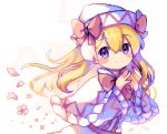  1girl absurdres blonde_hair blue_eyes blush_stickers capelet closed_mouth dress flower hair_between_eyes hat highres lily_white long_hair long_sleeves omochinegi petals pink_flower pixel_art smile solo touhou upper_body white_capelet white_dress white_headwear 