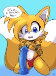  2_tails anthro armwear blush bracelet bulge canid canine choker clothing crop_top dialogue dildo english_text fishnet fishnet_armwear fox hi_res jewelry kneeling male mammal miles_prower multi_tail necklace nekoniku panties sega sex_toy shirt solo sonic_the_hedgehog_(series) tail text topwear underwear 