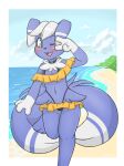  2023 3_fingers anthro bikini clothed clothing eyebrows fingers fluffy fur fur_tuft generation_6_pokemon hair hi_res looking_at_viewer meowstic navel nintendo one_eye_closed pokemon pokemon_(species) rivvoncat swimwear tongue tuft 