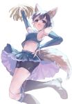  1girl :o animal_ears armpits bike_shorts bike_shorts_under_skirt blue_gloves blue_skirt boots breasts bridal_gauntlets cheerleader cropped_shirt elbow_gloves eokiba fox_ears fox_tail gloves grey_hair holding holding_pom_poms idolmaster idolmaster_cinderella_girls jumping knee_boots looking_at_viewer navel otokura_yuuki outstretched_arm pom_pom_(cheerleading) shirt short_hair simple_background skirt sleeveless sleeveless_shirt small_breasts solo tail white_background 
