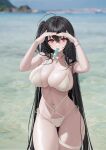  1girl absurdres ahoge awwwwys azur_lane beach bikini black_hair blurry blurry_background bracelet breasts cleavage collarbone contrapposto cowboy_shot criss-cross_straps crossed_bangs curvy food_in_mouth hair_between_eyes hands_up highres huge_breasts jewelry light_blush long_hair looking_at_viewer navel ocean official_alternate_costume one_side_up outdoors popsicle_in_mouth red_eyes ring shading_eyes side-tie_bikini_bottom skindentation solo stomach string_bikini swimsuit taihou_(azur_lane) taihou_(seaside_daydreams)_(azur_lane) thigh_gap thigh_strap thighs very_long_hair wet wet_bikini white_bikini wide_hips 