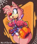  accessory amy_rose anthro bottomwear breasts bucket cleavage clothed clothing clown clown_nose container eulipotyphlan female fur gloves green_eyes hair_accessory hairband halloween halloween_costume handwear hedgehog hi_res holidays mammal maty_art_book panties pink_body pink_fur sega shirt skirt solo sonic_the_hedgehog_(series) spider_web suspenders thick_thighs topwear underwear 