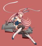  akashi_(kancolle) alternate_costume animal_ears black_leotard blunt_tresses boots brown_thighhighs cannon detached_collar full_body green_eyes hair_ribbon headband kantai_collection leotard long_hair machinery moke_ro neck_ribbon pink_hair playboy_bunny rabbit_ears rabbit_tail red_background red_ribbon ribbon simple_background smokestack strapless strapless_leotard tail thigh_boots thighhighs tress_ribbon turret white_headband wrist_cuffs 