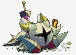  armor bug butterfly butterfly_wings closed_eyes commentary_request flower galacta_knight gloves grey_background horns isibatamako kirby_(series) lance mask morpho_knight_(butterfly) no_humans pauldrons polearm shoulder_armor sitting weapon wings 
