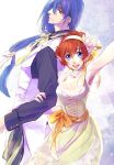  1boy 1girl blue_eyes breasts chisato_madison cleavage closed_mouth dias_flac dress earrings flower hair_flower hair_ornament hairband jewelry looking_at_viewer minazuki_kurisu open_mouth pointy_ears red_hair short_hair smile star_ocean star_ocean_the_second_story suit white_dress 